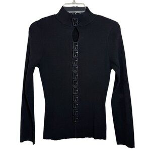 Vtg 90s Y2K Keyhole Buckle Long Sleeve Mock Neck Top Sz Sm Black Punk Emo Goth